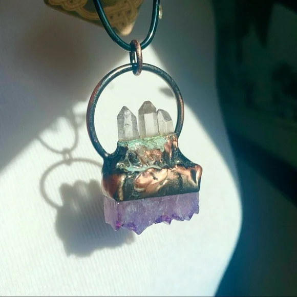 Tri-Quartz Point & Amethyst Copper Wrapped Necklace - Picture 9 of 9